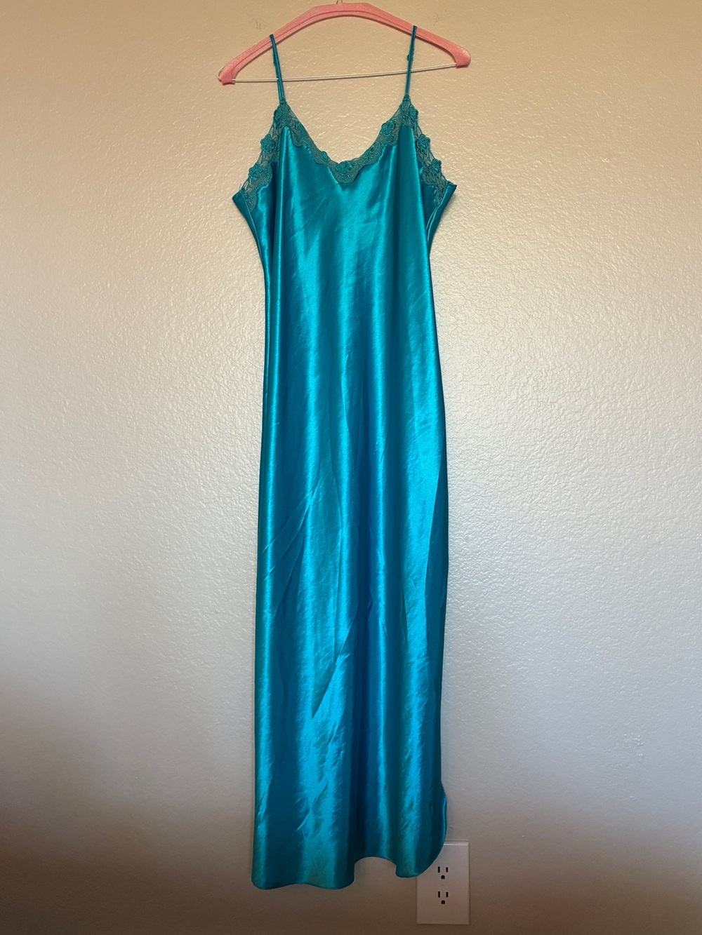 VTG Private Luxuries Blue Teal Satin Lace Trim Slip Dress Mermaid Y2K Fairycore